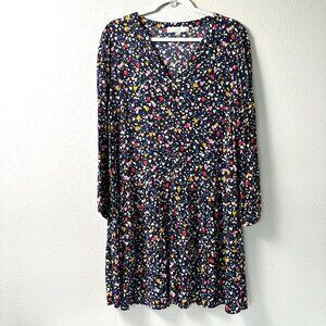 Loft Heart Print Drop Waist Midi Dress Petite L LP V Neck Blue Pink Long Sleeve
